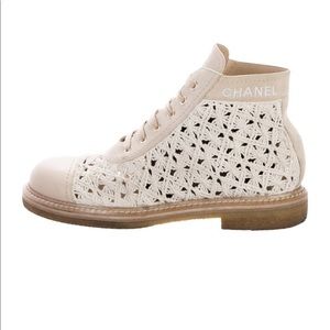 Chanel Beige Crochet Leather Woven Ankle Boots